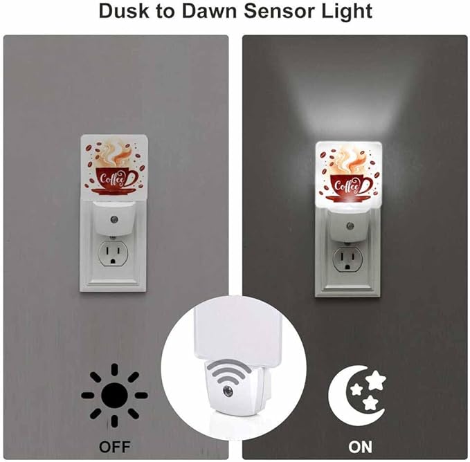 Coffee Night Light Watercolor Coffee Cup with Smoke LED Night Lights Plug into Wall for Stairway Hallway Bedroom 0.5W Nightlight