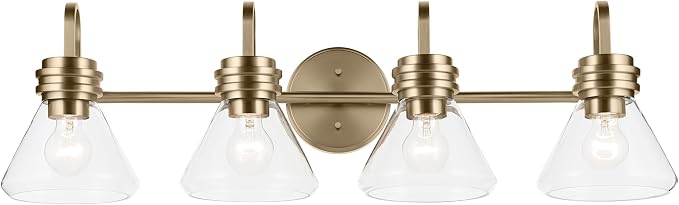 Kichler Farum 4-Light Bathroom Vanity Light, Champagne Bronze | Modern vanity light with clear glass for single or double bathroom mirrors (34" x 9.5" x 9.5"), 55156CPZCLR