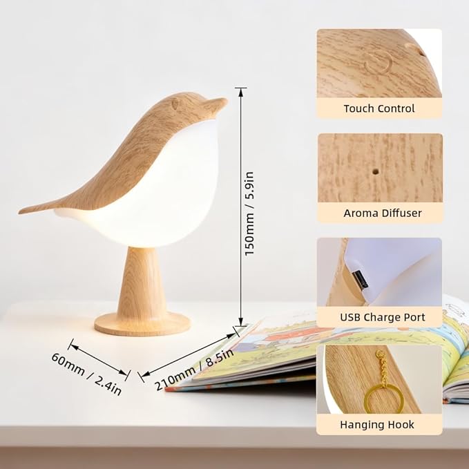 Bird Cordless Table Lamp, Small Cordless Bedside Lamp with 3 Color Temperature, Touch Sensor & Rechargeable Battery - Night Light for Kids, Bedroom, Bedside (Light+Dark)