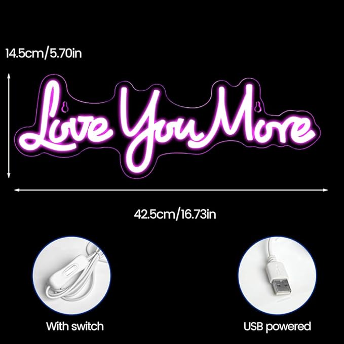 Love You More Neon Signs for Wall Decor, Love Neon Sign for Girls Bedroom Decoration, USB Powered LED Neon Light Sign for Wedding Party Birthday Valentine's Day Gift