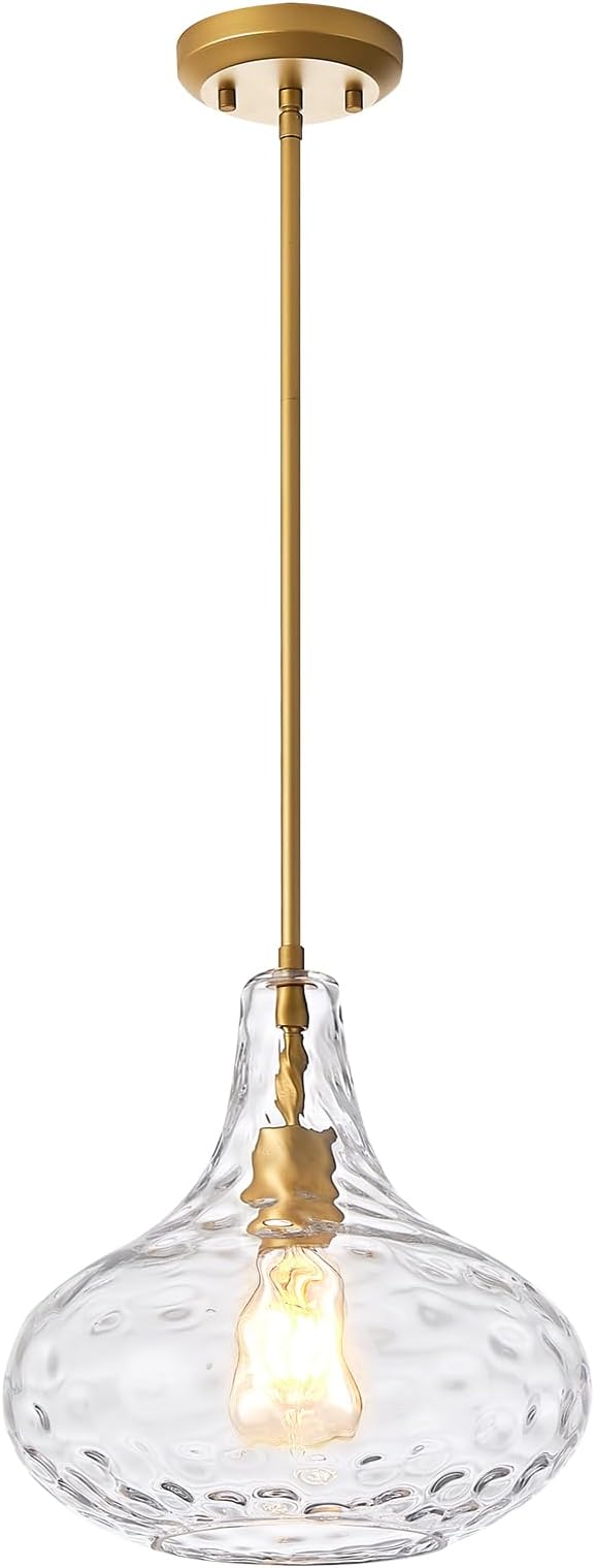 11" Clear Glass Pendant Light – Large Hand-Blown Glass Shade with Hammered Texture and Gold Finish, Adjustable Ceiling Hanging Light for Kitchen Island, Dining Room, Hallway, Living Room