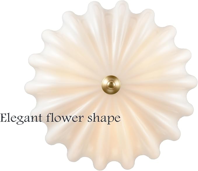 Modern Gold Ceiling Light Fixture with Milky Glass Shade | Brass Bedroom Flush Mount Ceiling Light for Entryway Bathroom Living Room Flower Scalloped Shade