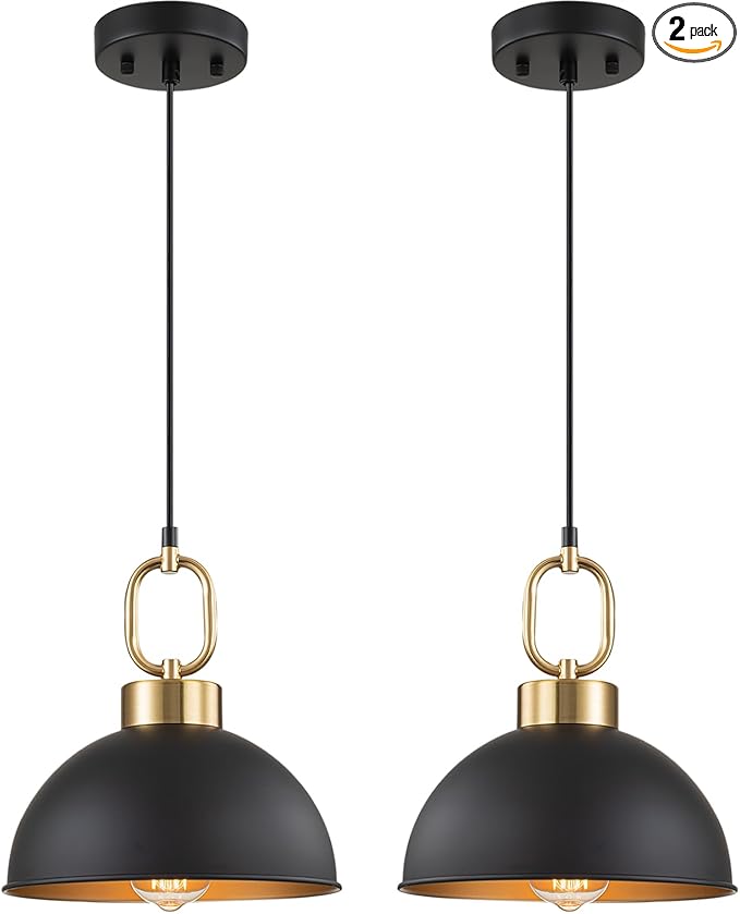 2 Pack Black Pendant Lights Kitchen Island, 10'' Farmhouse Industrial Pendant Light Fixtures, Adjustable Height Modern Dome Hanging Light for Kitchen Dining Room Entryway Bar