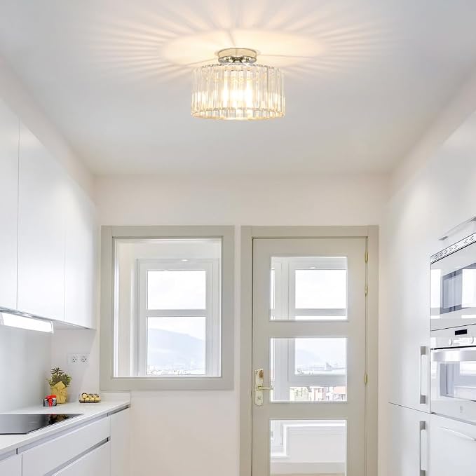 Crystal Ceiling Light Fixture, Chrome Close To Ceiling Light Fixtures, Modern Semi Flush Mount Ceiling Light, Hallway Lighting Fixture Chandelier for Bathroom Bedroom Porch Kitchen Living Room, 11in