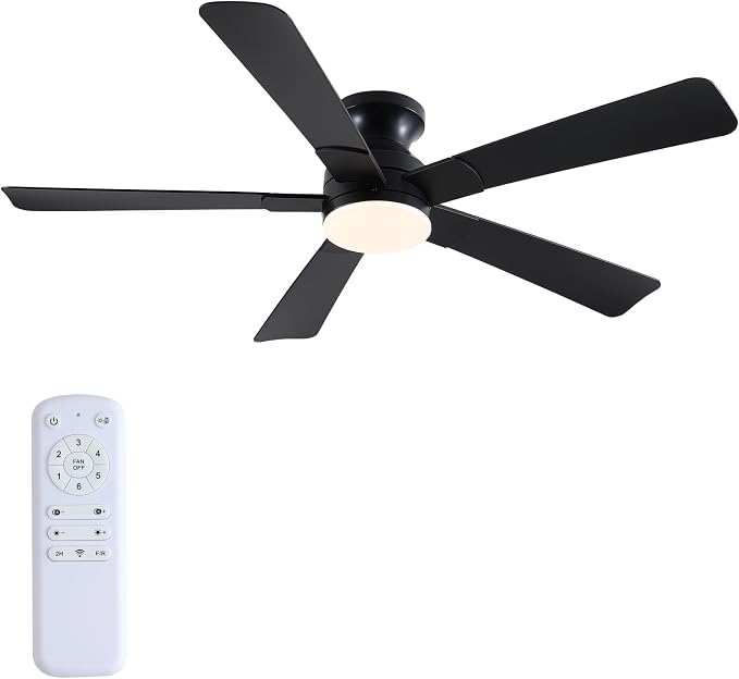 52 inch Ceiling Fans with Lights, Black Flush Mount Ceiling Fan with Remote, 3CCT, LED Dimmable, Reversible, 6 Fan Speeds, Quite Low Profile Ceiling Fan with Lights Modern Bedroom Kitchen Indoor