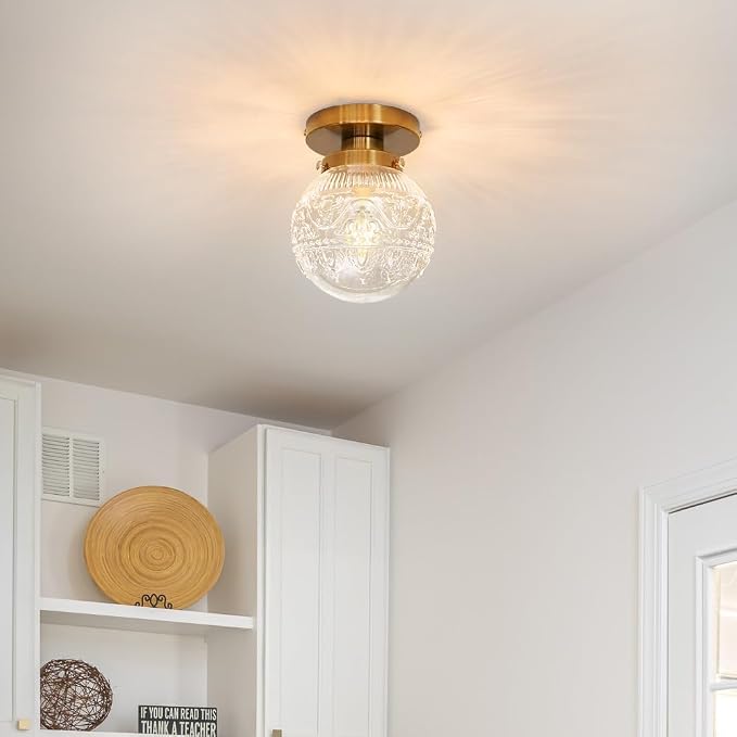 Daunton Small Semi Flush Mount Ceiling Light, Modern Globe Clear Glass Ceiling Light Fixture, Vintage Brass Gold Hallway Light Fixtures for Kitchen, Entryway, Bathroom, Closet