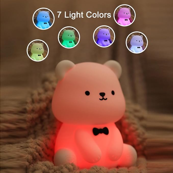 Cute Bear Night Light - 30min Auto-off Kids Toddler Nursery Bedside Nightlight, 3 Brightness 6 Light Colors Night Lamp for Bedroom, Birthday, Valentine’s Day Gift for Her Girls Boys, White
