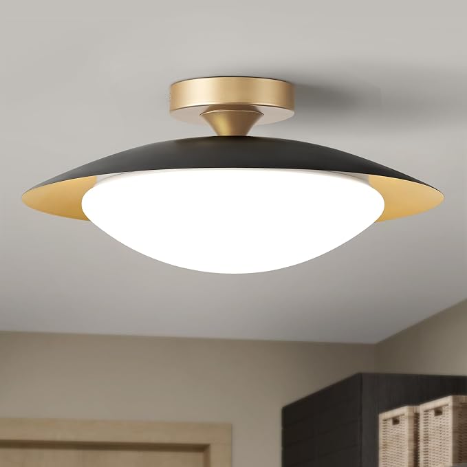 YURNYQ Dimmable Modern LED Black and Gold Ceiling Light Fixture 15.75 in | Glass Shade Kitchen Semi Flush Mount Ceiling Light Fixture,5CCT In One Light Fxiture for Hallway Bedroom Laundry Room Foyer