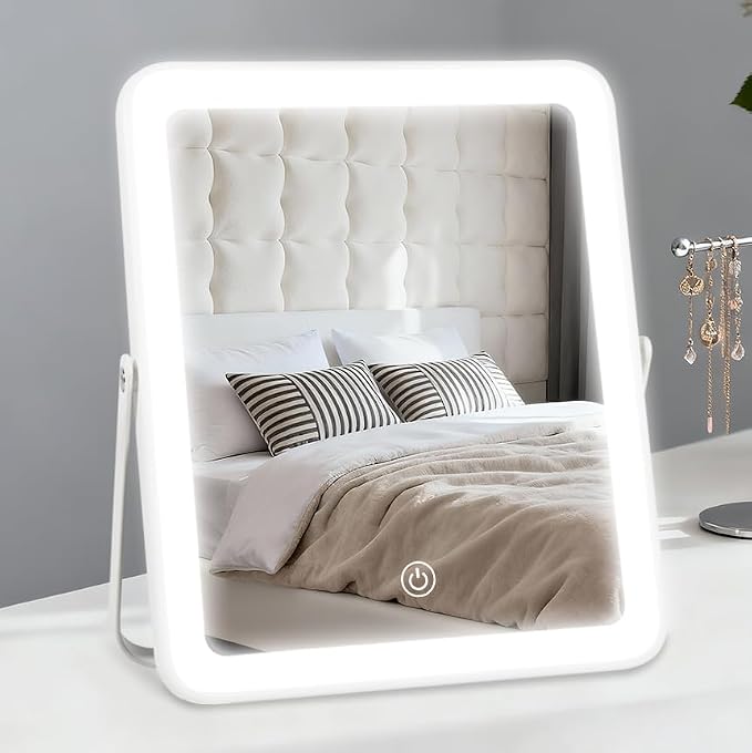 YEKKOPT Portable Desk Vanity Mirror with Lights,12"×10" Small Rechargeable Makeup Mirror with Lights,Smart Touch Screen with 3-Color Lighting,Dimmable,for Dorm Tabletop,Bedroom,Decor