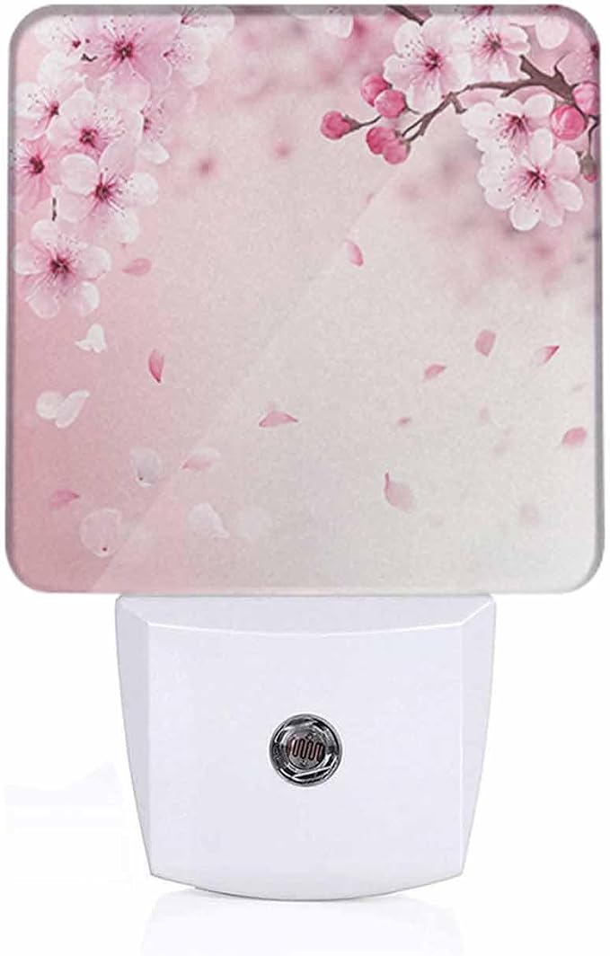 Cherry Blossoms Night Light Pink Flowers Plug into Wall with Dusk to Dawn Light Sensors 0.5W Warm Nightlights for Bedroom Bathroom Hallway