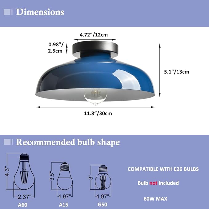 DIRYZON Industrial Blue Semi Flush Mount Ceiling Light, 12-Inch | Metal Ceiling Lighting Ceiling Light Fixture for Porch Kitchen Bedroom Living Room Hallway Entryway