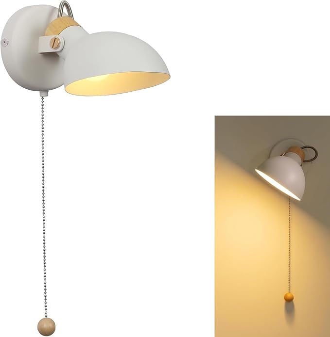 Aisilan LED Wall Sconce with Pull Chain, Adjustable Indoor Wall Light for E12 5W Bulb, Matte White 3000K Wall Mounted Lighting for Living Room, Bedroom, Hallway