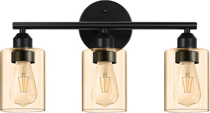 3-Light Bathroom Vanity Light Fixture, Black with Clear Amber Glass,17.3'' | Modern Wall Lamp, For Mirror