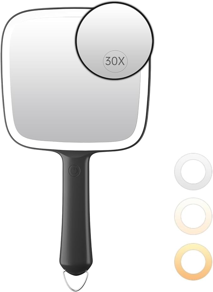 Famihomii Hand Mirror with 30X Magnifying Detachable Mirror, Lighted Handheld Mirror, Lightweight & Durable, Portable & Hangable for Makeup, Hair Styling, Shaving, Battery Operated