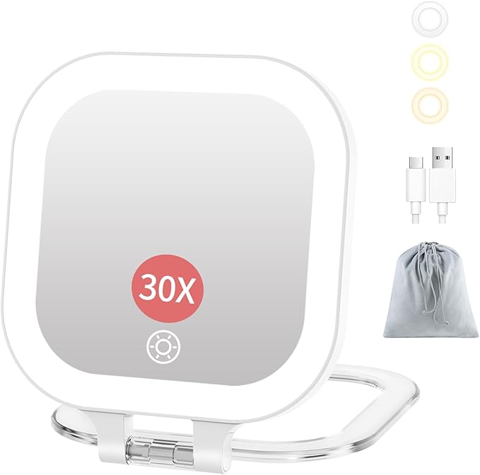 FUNTOUCH Rechargeable Travel Makeup Mirror 30X Magnification, Lighted Portable Vanity Mirror with 3 Colors Lighting & Stepless Dimming, Double Sided LED Mirror, Gift for Women (White+Bag)