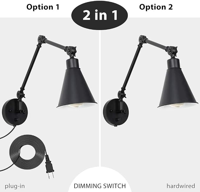 CADUKE Swing Arm Wall Lamp for Bedroom, Set of 2 Plug in Wall Light Fixture with Dimmable Switch, Industrial Metal Black Wall Reading Sconce for Living Room Farmhouse Hallway