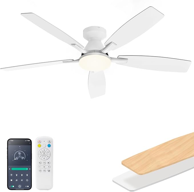 52 Inch Ceiling Fans with Lights, Remote & App Control, Quiet Reversible DC Motor, 6 Speeds, Dimmable 3CCT LED Light, Low Profile Flush Mount Ceiling Fan for Bedroom Living Room, White