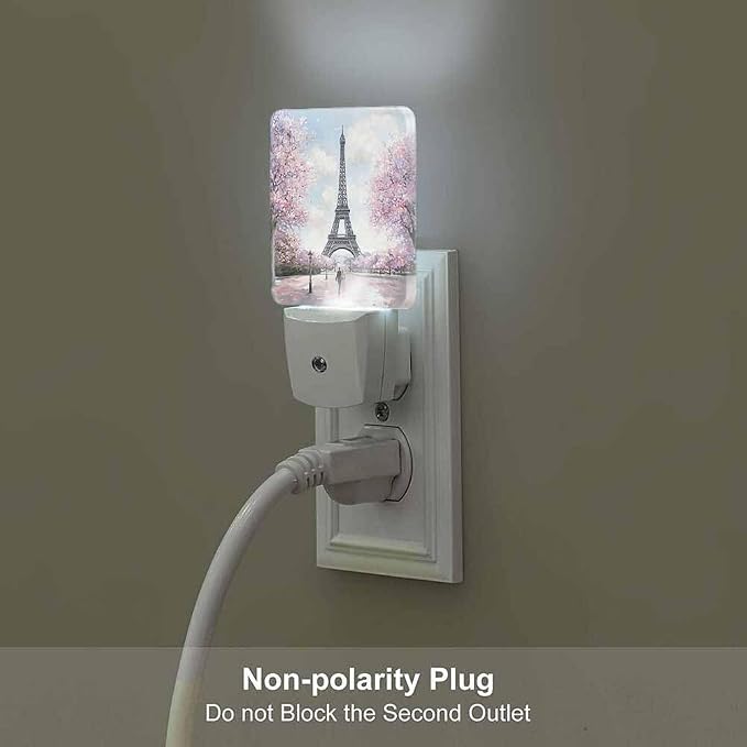 Eiffel Tower Night Lights Plug into Wall Pink Trees and Couples in Paris Night Light with Dusk to Dawn Sensor for Home Bedroom Bathroom Living Room 0.5W Sleep-Friendly