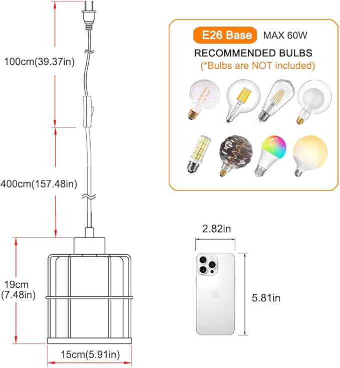 Brushed Nickel Plug in Pendant Light, Hanging Lights with Plug in Cord, Corded Cage Hanging Lamp, Plug in Swag Light Fixtures with Clear Glass, Pendant Lights for Kitchen Island Living Room