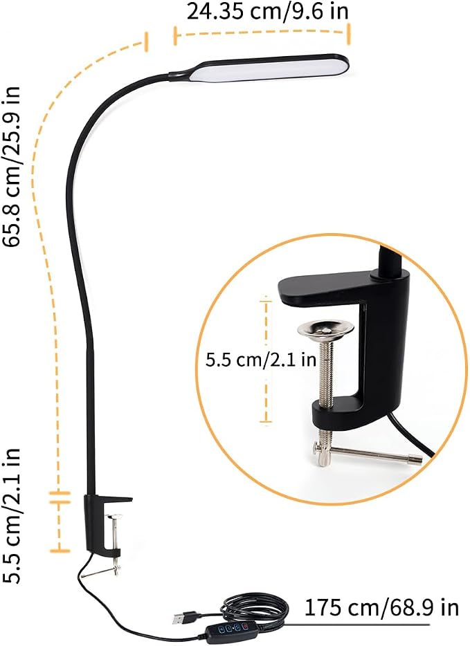 Long Gooseneck LED Clamp Desk Lamp, Eye-Caring Reading Light | Dimmable Clip on Lamp, 800LM, 3 Colors and 10 Modes, for Office Home Task