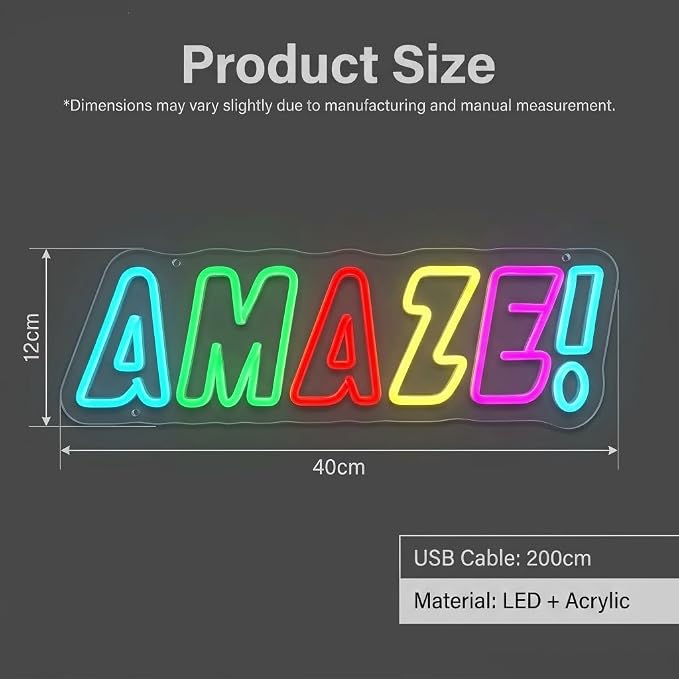 AMAZE! Neon Sign, Rainbow LED, Multi-Color, 16.5x5.4"IN | Classroom Neon Sign ,USB Powered, Gamer Room Decor, Sci-Fi Fan Decor, Wall Art