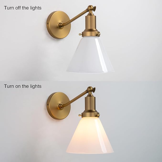 Industrial Vintage Slope Pole Wall Mount Single Sconce with Funnel Flared Milk White Glass Shade Wall Sconce Light Lamp Fixture