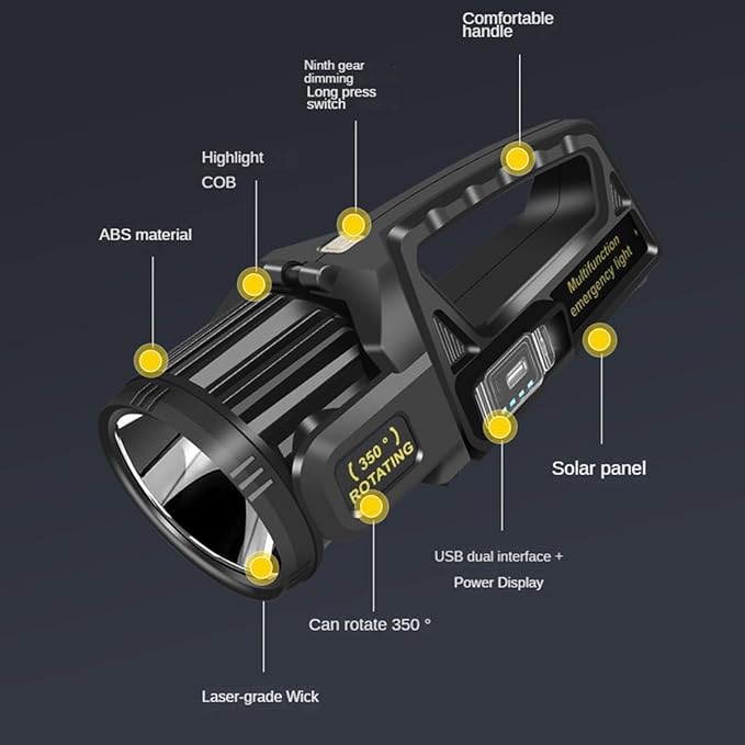 1300000 L Spotlight, Rechargeable Led Spotlight Flashlight with 350° Rotate Head, 9 Modes Super Bright Spot Lights Outdoor Handheld, IPX6 Waterproof Solar Flashlight for Emergencies