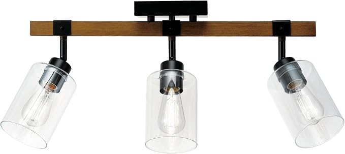 Globe Electric Austin 3-Light Faux Wood Track Lighting with Matte Black Accents and Clear Glass Shades