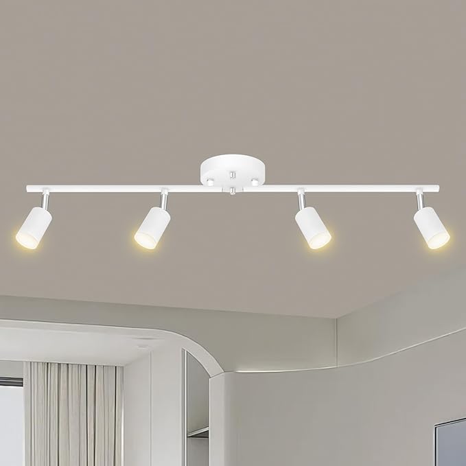 4 Light Track Lighting Fixtures Ceiling, 16W/2700K White Track Lighting with Acrylic Lampshade & Rotatable Light Heads, 20000hrs Lifespan, Modern LED Track Lights Ceiling for Kitchen/Hallyway