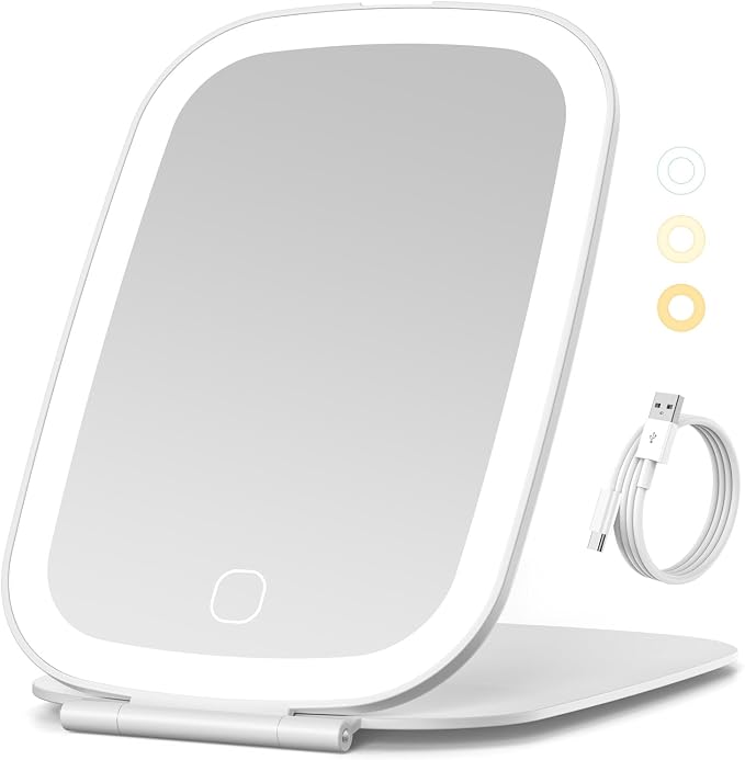 NEZZOE Rechargeable Travel Makeup Mirror with LED Light, 7x5 Inch | Portable Lighted Makeup Mirror, 3 Lighting Modes, Dimmable Touch Control, Foldable Compact Vanity Mirror