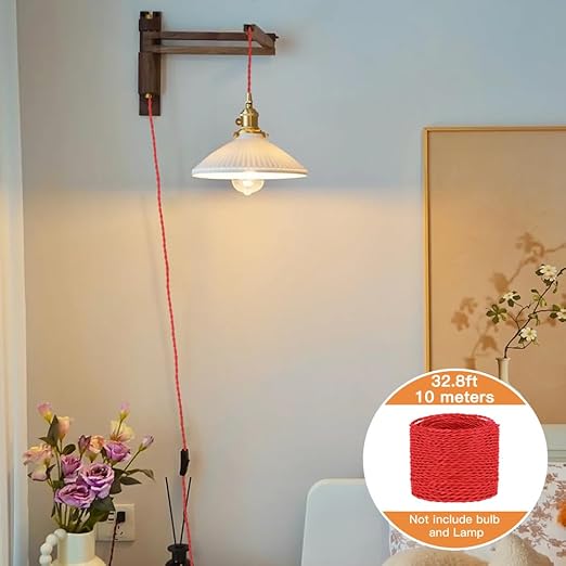 Helunsi 32.8ft Twisted Cloth Covered Wire, Red 182 Cloth Covered Electrical Wire, 18 Wire Gauge 2-Conductor Fabric Covered Lamp Cord, Vintage Twisted Cloth Covered Wire, for DIY Projects (Red)