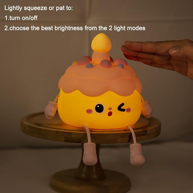 Fun Night Light - Cute Birthday Cake Night Lamp USB Rechargeable, Auto-off Nursery Bedside Sleep Lamp 2 Brightness Levels, Women Girls Boys Teens Friends Christmas Anniversary Birthday Gifts