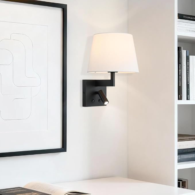 XiNBEi Lighting Wall Sconce LED Reading Light for Bedroom, Black, Hardwired | Linen Fabric Shade, On/Off Switch, Bedside Wall Lighting Fixture, Wall Mounted Lamp, For Living Room Study Hotel Office