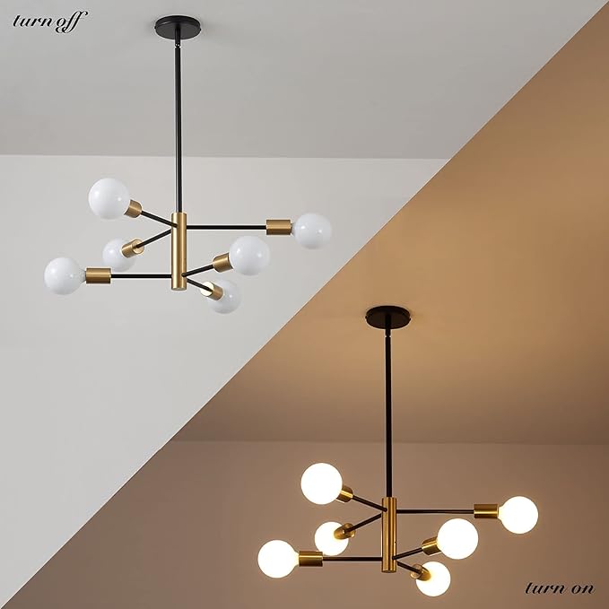 Modern Chandeliers for Dining Room, Black and Gold Chandelier Ceiling Light Fixture 6-Light Sputnik Chandeliers Mid Century Chandeliers for Living Room,Kitchen Island,Bedroom,Foyer