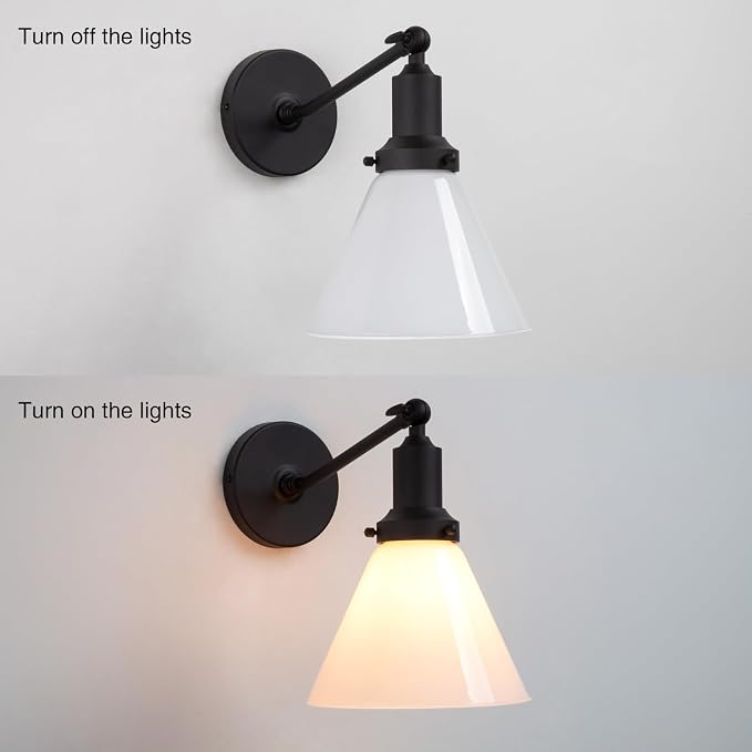 Industrial Vintage Slope Pole Wall Mount Single Sconce with Funnel Flared Milk White Glass Shade Matte Black Wall Sconce Light Lamp Fixture