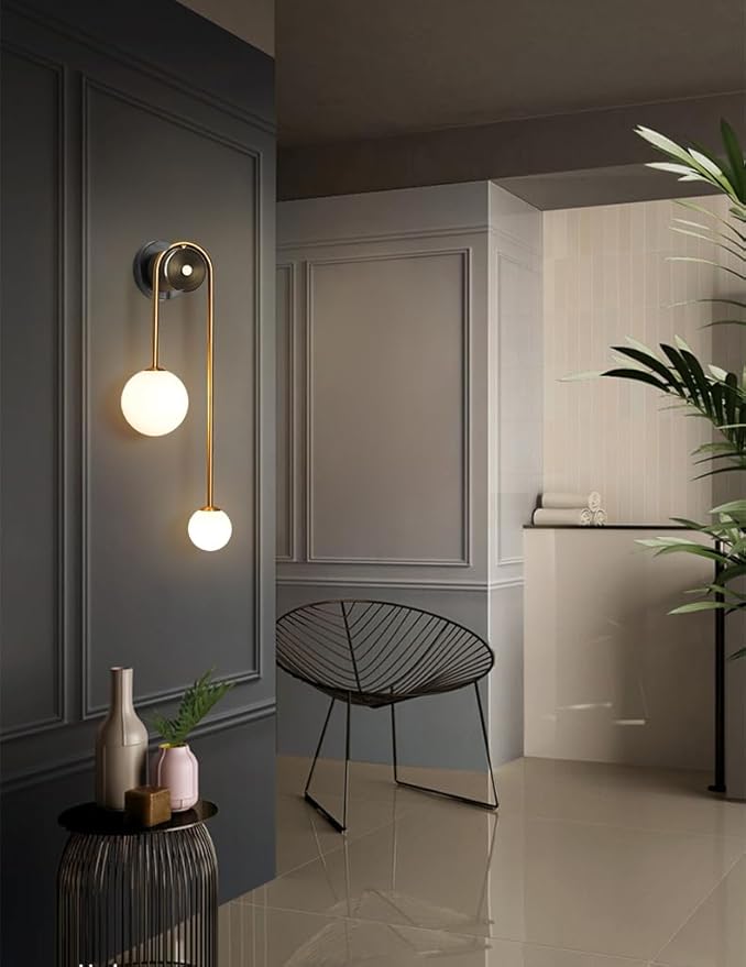 Modern Wall Sconce Set of 2 Mid Century Black Gold Wall Lamp with 2 Milk Glass Shade U-Shape Linear Wall Light for Bedside Dining Room Bathroom