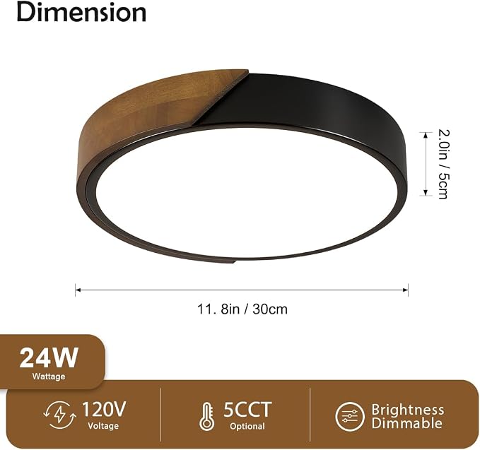 Modern LED Ceiling Light, Brown Walnut Wood Flush Mount Ceiling Light Fixture, Dimmable 5CCT Minimalist Circle Lighting Lamp with Acrylic Lampshade for Bedroom Laundry Room Hallway 11.8"