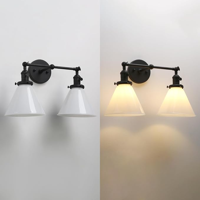 Double Sconce Vintage Industrial Black 2-Lights Wall Sconces with Funnel Flared Glass Milk Glass Shade Antique Scocne for Bathroom Living Room Home Office