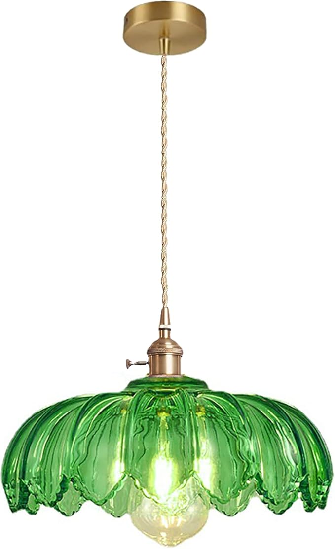 Grass Green Glass Pendant Light Fixtures Medium 9.8 Inches Lampshade Gold Brass Finish and Switch Vintage Pendant Ceiling Lamp Copper Pendant Lighting (Grass Green)