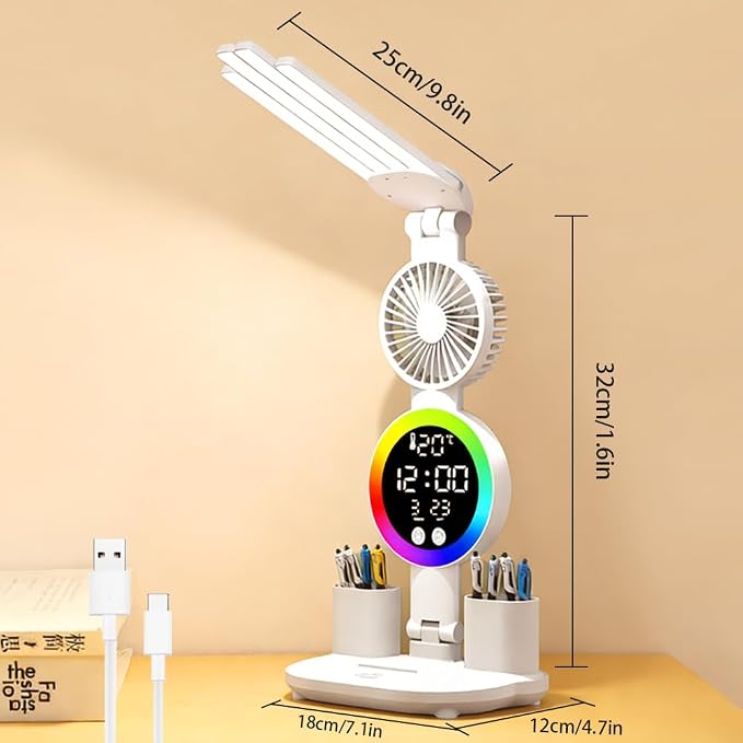 6-in-1 Led Desk Lamp Adjustable Foldable Table Lamp with Fan, Clock, Dates, Temperature, Pen Holder, 3 Color & Stepless Dimming, Reading Lamp for Study Table Work Office