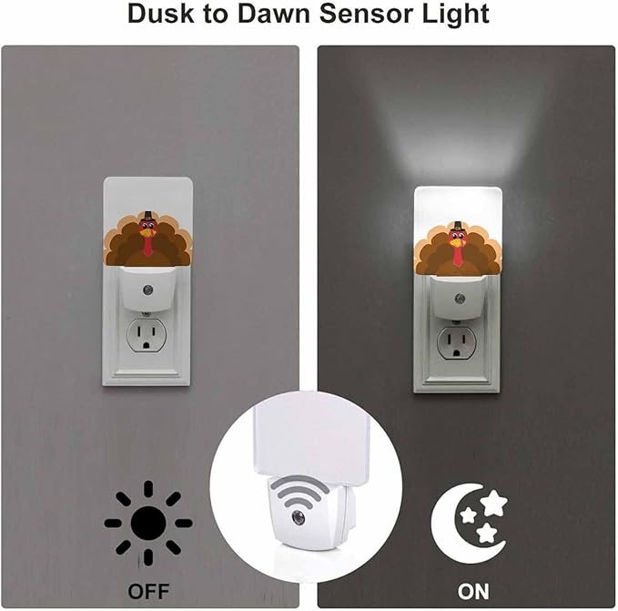 LED Night Light Plug into Wall with Dusk to Dawn Light Sensor White Energy Efficient Thanksgiving Cartoon Turkey Nightlight for Bedroom Bathroom Hallway Living Room Kitchen