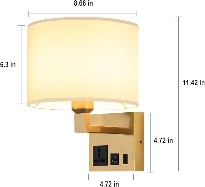 Plug in Wall Light, Wall Lamp with Brass Base Cylindrical Shape | Wall Light for Living Room Bedroom Hotel, Bedside Lamp Bulb Included, Wall Mounted Lamp with AC Outlet & USBA+C Charging Port