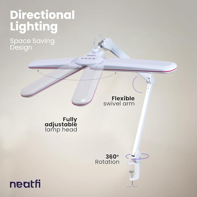 Neatfi Elite HD XL LED Desk Lamp | 3 Light Modes | Non-Polar Dimming | Eye-Caring Desk Light for Home Office, Drafting, Beauty Shop, Workbench (CCT with Clamp, Pink Ring, 17 Inches)