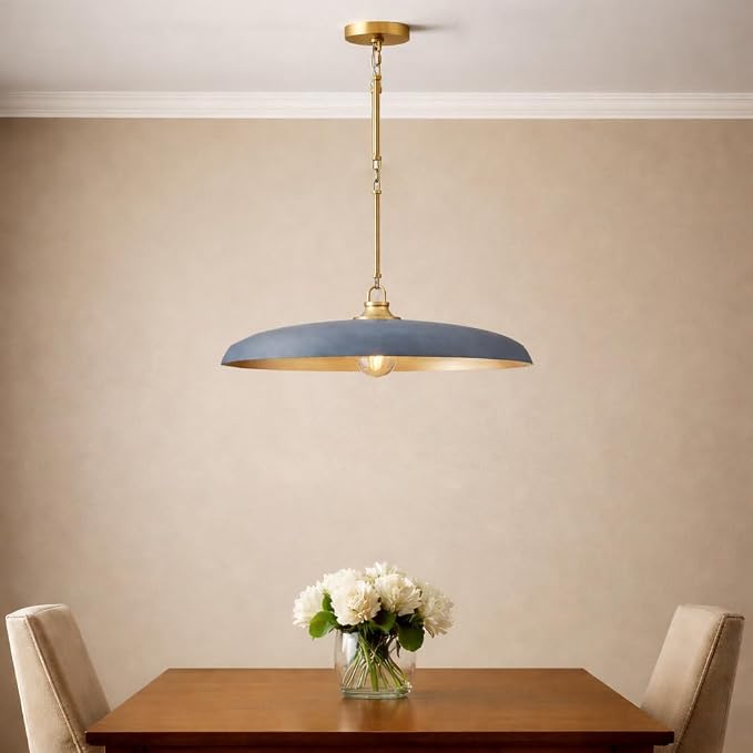 Hinkley Sadie 24" Large Dome Chandelier, Vintage Denim with Lacquered Brass | Two Tone Saucer Pendant, Includes (5) 7" Downrods, Needs a Med. LED Bulb, Adjustable Height, Dining Room, Kitchen