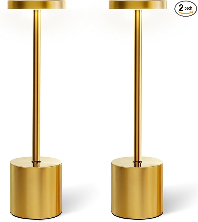 AUDLES Gold Cordless Table Lamps Set of 2, Brass Rechargeable Lamp, Battery Operated Lamps for Wedding Centerpiece & Holiday Tablescape, Touch Dimmable Glam Bedroom Nightstand Lamp, IP54 Waterproof
