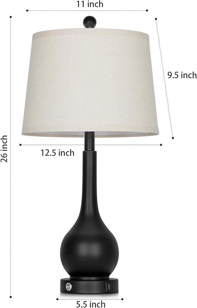 26" Black Table Lamp for Living Room Single, Touch Control Bedroom Lamps for Nightstand, 3-Way Dimmable Bedside Lamp with USB A+C Port (1 Pack)