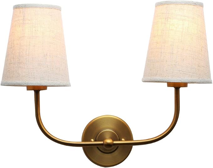Vintage Double Sconce Large Antique 2-Lights Sconces with Flared Funnel Linen Beige Fabric Shade Hardwired Double Wall Sconce E26 Base