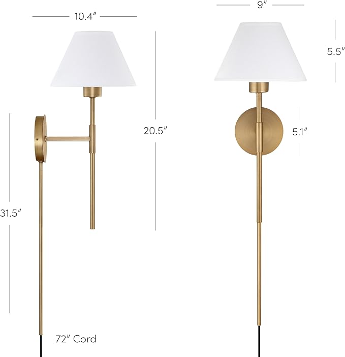 Nathan James Millie Plug-in Wall Sconce, Wall Mounted Bedside Reading Lamp with Cotton Shade and Brass Back Plate