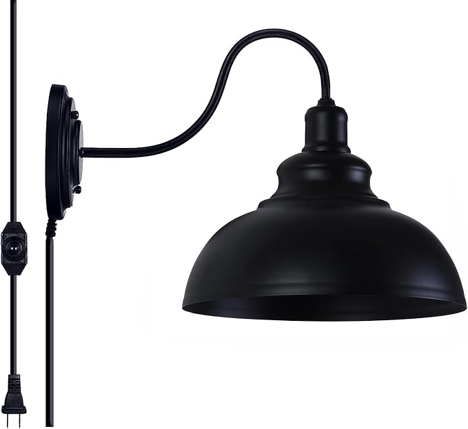 Lightess Plug in Wall Sconce with Dimmable Switch Black Barn Wall Lamp | Flexible Gooseneck Plug In Dimmable Wall Light Rustic Industrial Farmhouse Style For Multiple Indoor Home Decor Spaces