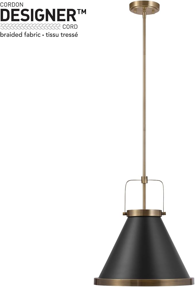 GLOBE Electric x Novogratz 65844 1-Light Pendant Light Fixture, Matte Black, Brass Accents, Living Room Pendant Light, Dining Room Fixture, Kitchen Island Lighting, Hanging Lights for Bedroom